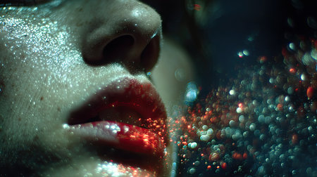 A woman's mouth spits out light, creating an atmosphere of futuristic technology and fluorescent lines. The close-up shot showcases the woman's face in profile, with her lips slightly open to reveal bright red lipstick. A stream of glowing particles flows from between them, adding energy to the scene. This is a high-definition photographic style with a dark blue background that highlights details. It has strong contrast and dynamic effects. --ar 16:9 --quality 2 --stylize 750 --v 7 Job ID: 2c341b17-5b95-40bc-9173-f12b22fcda25の素材