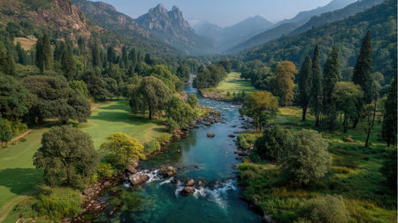 In the green valley, there is an endless golf course surrounded by dense forests and misty mountains in the distance. The meandering river flows through lush trees, creating a picturesque scene of nature. Aerial photography technology captures the magnificent natural scenery in high-definition resolution. In the picture, the entire landscape creates an expansive view, showcasing its grandeur and tranquility. --ar 16:9 --quality 2 --stylize 750 --v 7 Job ID: 7c0ecdf0-1f7e-4d13-bc5d-37974915a3a4の素材