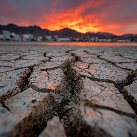A wide shot of cracked, red earth in the desert, symbolizing climate change and its impact on water resources. The perspective is from low to high, with an emphasis on dryness and desolation. The sky above has no clouds or other elements, emphasizing the barren landscape. This visual representation emphasizes the concept that global warming leads not only to temperature increases, but also to a dystopian future. --chaos 30 --stylize 750 --v 7 Job ID: 30c56dd2-8d5f-4f7b-9de5-6b30f95d396eの素材
