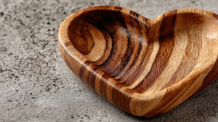 Wooden heart-shaped bowl on grey background, closeup viewの素材