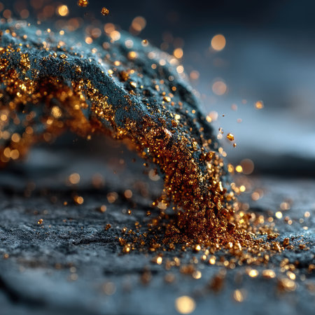 Gold dust falling on a gray floor, shiny gold particles, sparks, and golden pieces scattered around, creating an atmosphere of luxury and wealth. The background is a dark gray with space available for text or design elements. A feeling of opulence and sophistication emanates from the scene. --chaos 30 --stylize 750 --v 7 Job ID: 27e07737-8577-4efc-b6c2-ba9e04407095の素材