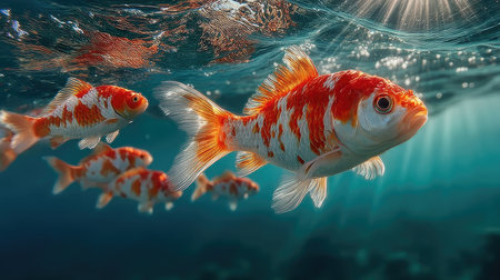 Many orange fish swimming in the water, light blue background, sun rays shining through. --ar 16:9 --quality 2 --stylize 750 --v 7 Job ID: f89b332f-c511-4616-8388-59d258a9ee3fの素材