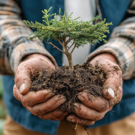Hands holding a small tree and young plant, a nature background banner for the World Environment Day concept with copy space, a sustainable development background banner, a stock photo, greenery. --chaos 30 --stylize 750 --v 7 Job ID: c3a9b3ce-079b-4bd5-bfe6-132bf31d8d66の素材