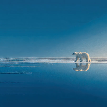 Minimalist, blue sky, polar bear walking on ice sheet, clear reflection in the water, high-resolution, high-definition, high-quality --chaos 30 --stylize 750 --v 7 Job ID: 1e87bac2-baff-45e9-a4c5-1ca7adca99f9の素材