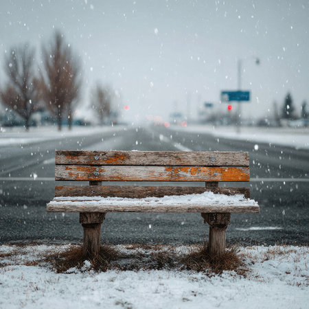 Minimalist style, simple composition, a wooden bench on the square in front of you with white fog behind it, flat view, white background, symmetrical left and right composition, clean and pure color scheme. The sky is gloomy, and snowflakes fall from above. --chaos 30 --stylize 750 --v 7 Job ID: 63b1bc06-4c2d-4f4e-b689-e6ba9e936c44の素材