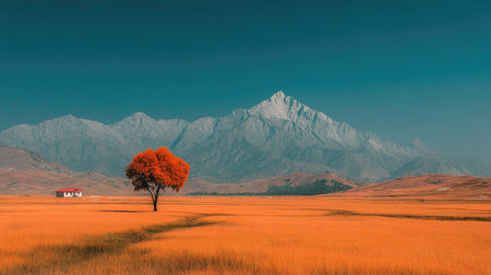Minimalist, beautiful landscape photograph of an autumn golden grass field with mountains in the background and a single orange tree in the distance. The sky is a clear blue. A panoramic view. --chaos 20 --ar 16:9 --stylize 750 --v 7 Job ID: 59b8ef68-dacf-430f-8e0c-73f119c65862の素材