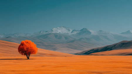 Minimalist, beautiful landscape photograph of an autumn golden grass field with mountains in the background and a single orange tree in the distance. The sky is a clear blue. A panoramic view. --chaos 20 --ar 16:9 --stylize 750 --v 7 Job ID: 59b8ef68-dacf-430f-8e0c-73f119c65862の素材