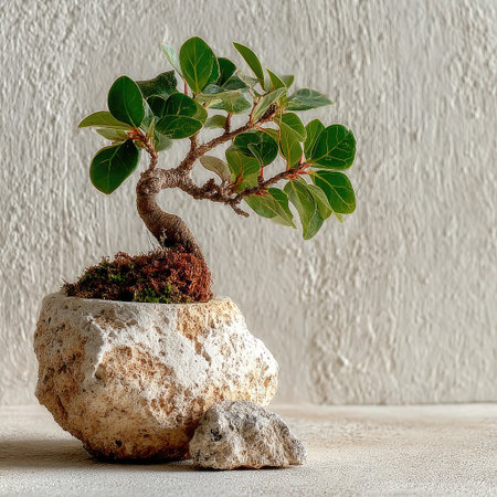 Minimalist white background with a bonsai tree and small rock, in the style of Japanese aesthetics. The scene is centered on the right side of an empty table surface, providing space for text or graphics. A simple yet elegant composition that captures the essence of Japanese aesthetics in miniature form. --chaos 30 --stylize 750 --v 7 Job ID: 39ca9e26-3ff2-4600-847e-aa32b31a052aの素材