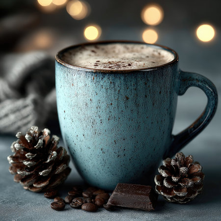 Minimalist winter background with hot chocolate, pine cones, and coffee beans on a blue table, with copy space for text. Christmas concept banner. A mug of warm cocoa with a dark chocolate bar, and bokeh lights in the background. --chaos 30 --stylize 750 --v 7 Job ID: e08e600f-a357-4532-840c-95734ea527bbの素材