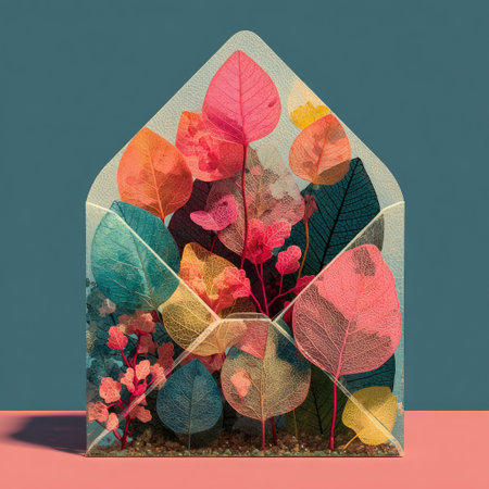 Modern vector illustration of an envelope with colorful leaves inside, in pink and teal colors, using simple shapes, in a 3D rendering style, with high resolution and high detail, resulting in a high-quality image. --chaos 30 --stylize 750 --v 7 Job ID: 0441c287-1e78-48a6-a61b-5dd90402cc99の素材