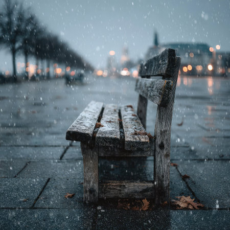 Minimalist style, simple composition, a wooden bench on the square in front of you with white fog behind it, flat view, white background, symmetrical left and right composition, clean and pure color scheme. The sky is gloomy, and snowflakes fall from above. --chaos 30 --stylize 750 --v 7 Job ID: 63b1bc06-4c2d-4f4e-b689-e6ba9e936c44の素材