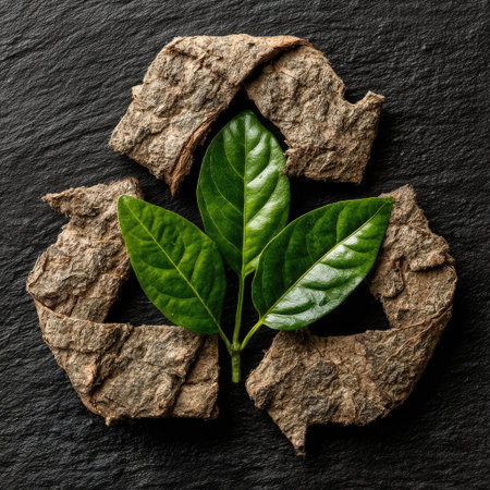 Minimalist wooden recycling symbol with green leaves on a black background, flat lay. Concept of eco-friendly environment protection and waste reduction. In the style of Zagjila, solid dark grey background, no shadows, no reflections. --chaos 30 --stylize 750 --v 7 Job ID: c6133566-923f-4d56-8ee5-bd7ca8967ddeの素材