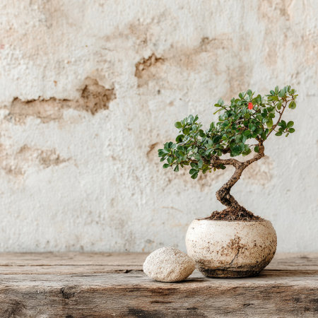 Minimalist white background with a bonsai tree and small rock, in the style of Japanese aesthetics. The scene is centered on the right side of an empty table surface, providing space for text or graphics. A simple yet elegant composition that captures the essence of Japanese aesthetics in miniature form. --chaos 30 --stylize 750 --v 7 Job ID: 39ca9e26-3ff2-4600-847e-aa32b31a052aの素材