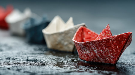 Paper boats on a grey background, one boat is red and the others are white, with one boat leading the way. --ar 16:9 --quality 2 --stylize 750 --v 7 Job ID: 3c05cb48-2199-46eb-bf7c-7a01f66a46f4の素材