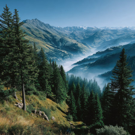 Panoramic view of the mountains with green forests and fog in summer, Alps mountain range, blue sky, panoramic landscape, panoramic view of beautiful nature scenery, green forest with mountain peaks, summer season, clear weather, clear blue sky, summertime, sunny day, panorama, panorama landscape, panoramic, panorama landscape, panoramic landscape, panoramic view, panoramic landscape, panoramic landscape photography. --chaos 30 --stylize 750 --v 7 Job ID: bb0f05d9-c480-4f79-a60e-0748812c4e78の素材