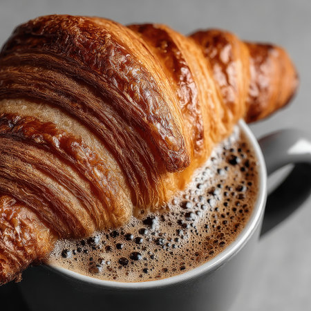 Photo of a croissant and coffee on a white background, with copy space for text or design. Web banner style. White color scheme. Top view, flat lay. --chaos 30 --stylize 750 --v 7 Job ID: 680915f2-32e0-48ac-ae3c-dc3437433fafの素材