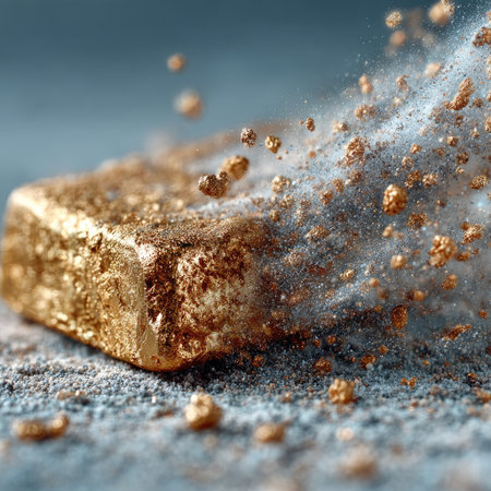 Photo of a gold bar on the ground with golden sparks and dust flying around it, against a gray background. Web banner with copy space on the right. --chaos 30 --stylize 750 --v 7 Job ID: efdd15df-c6bc-415b-9ba3-efe91196b128の素材