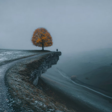 Photo of a lone tree standing on the edge of a cliff overlooking a misty valley, symbolizing strength and resilience in life's challenges. Web banner with copy space on the right. --chaos 30 --stylize 750 --v 7 Job ID: 766755c6-d249-450e-9d88-6b908aacc611の素材