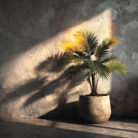 Photograph of a small potted palm plant, captured in the style of architectural photography. The plant is set against a black background, with the sun shining from the right side, casting long shadows on the left side. The image has a warm tonal palette and a minimalist, product-like composition with a close-up perspective. --chaos 30 --stylize 750 --v 7 Job ID: 1ccb571b-a3ad-46e1-8dc4-af3374b57f87の素材