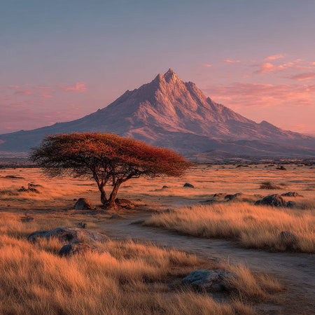 Photo of a lone acacia tree in the Serengeti with an orange mountain peak in the background, captured during the golden hour. The vast savannah is bathed in warm light, and the distant mountains create depth to the scene. --chaos 30 --stylize 750 --v 7 Job ID: 6b32ffdb-632e-4a28-8cd6-494628b4195fの素材