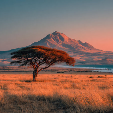 Photo of a lone acacia tree in the Serengeti with an orange mountain peak in the background, captured during the golden hour. The vast savannah is bathed in warm light, and the distant mountains create depth to the scene. --chaos 30 --stylize 750 --v 7 Job ID: 6b32ffdb-632e-4a28-8cd6-494628b4195fの素材