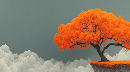 Photo of a tree growing on top of clouds, with orange leaves against a dark gray background. Web banner with copy space on the right. --chaos 20 --ar 16:9 --stylize 750 --v 7 Job ID: f6fb5e8c-49d9-4028-b353-6da101e06628の素材