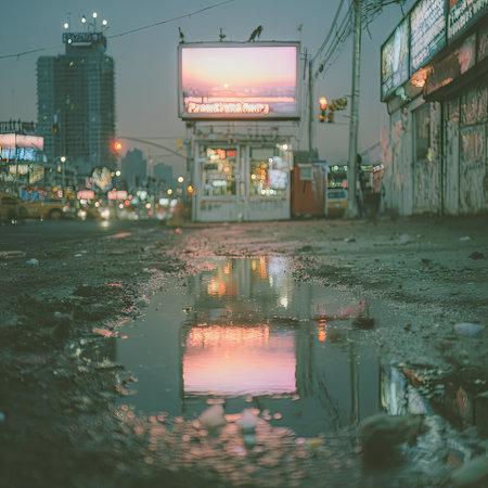 Photograph of a pink neon billboard on the street in New York City, with a puddle reflection, taken in the evening, with a cinematic feel. --chaos 30 --stylize 750 --v 7 Job ID: f41a9077-2bba-4206-a7ed-525b3a411396の素材