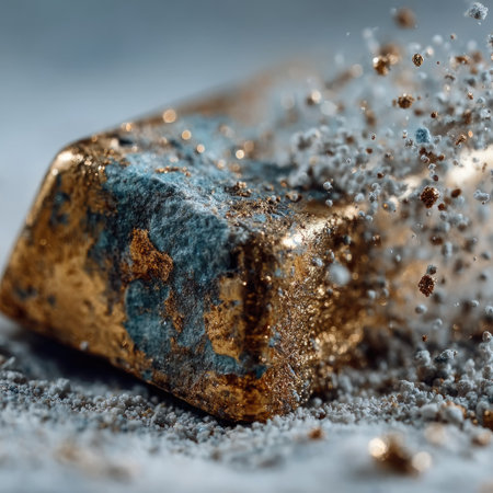 Photo of a gold bar on the ground with golden sparks and dust flying around it, against a gray background. Web banner with copy space on the right. --chaos 30 --stylize 750 --v 7 Job ID: efdd15df-c6bc-415b-9ba3-efe91196b128の素材
