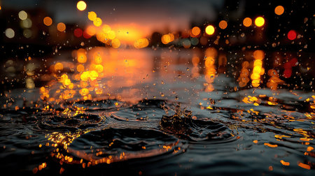Raindrops falling on a water surface, glowing light spots in the background, a dark background, a bokeh effect, orange and yellow lights, a blurred background, water reflection, a dark sky, raindrops, a rain scene, blurred motion of rain droplets, rain in the air, a rain effect, a blurred background. --chaos 20 --ar 16:9 --stylize 750 --v 7 Job ID: 220cffb9-e8b0-45cd-9d83-e50537255db3の素材
