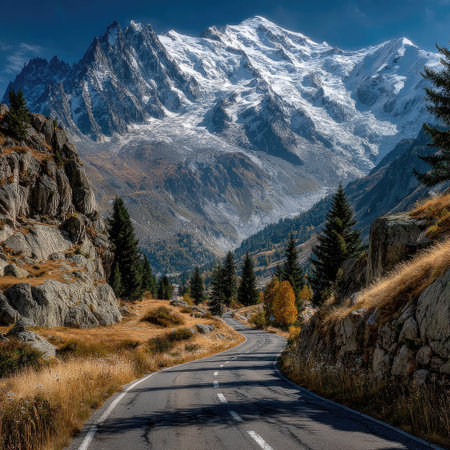 Photo of a curved road leading to the snow-capped Alps in France, with a blue sky and a panoramic view in clear weather and bright sunshine. The background features majestic mountains covered in white snow under a deep blue sky. In front is an empty, winding mountain path stretching into the distance. This scene captures the grandeur and beauty of nature's landscapes, offering a breathtaking visual experience for viewers, shot on a Sony Alpha camera. --chaos 30 --stylize 750 --v 7 Job ID: ce206ec4-bf46-4513-8a22-85d9511f4700の素材