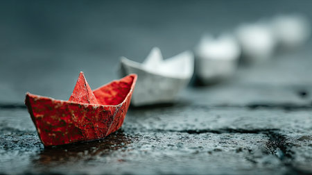 Photo of a red paper boat leading other white boats on a gray background, symbolizing the concept of leadership and facility management in business. Shot with a Nikon D850 and a 24-70mm f/2.8 lens at f/8. Minimalistic, in the style of SVG style. --chaos 20 --ar 16:9 --stylize 750 --v 7 Job ID: 3bb33dea-8785-40d5-b42b-d48a8b612f80の素材
