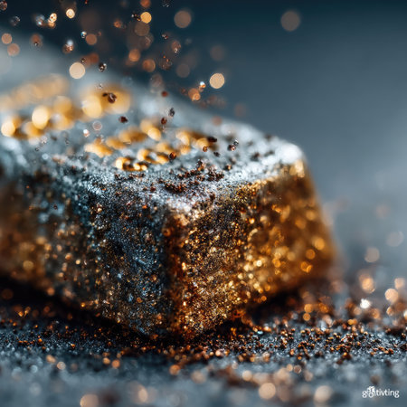 Photo of a gold bar on the ground with golden sparks and dust flying around it, against a gray background. Web banner with copy space on the right. --chaos 30 --stylize 750 --v 7 Job ID: efdd15df-c6bc-415b-9ba3-efe91196b128の素材