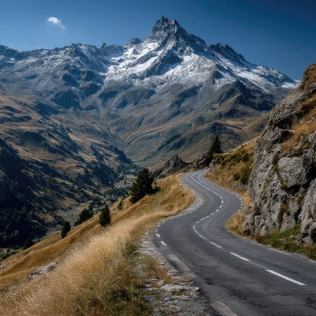 Photo of a curved road leading to the snow-capped Alps in France, with a blue sky and a panoramic view in clear weather and bright sunshine. The background features majestic mountains covered in white snow under a deep blue sky. In front is an empty, winding mountain path stretching into the distance. This scene captures the grandeur and beauty of nature's landscapes, offering a breathtaking visual experience for viewers, shot on a Sony Alpha camera. --chaos 30 --stylize 750 --v 7 Job ID: ce206ec4-bf46-4513-8a22-85d9511f4700の素材