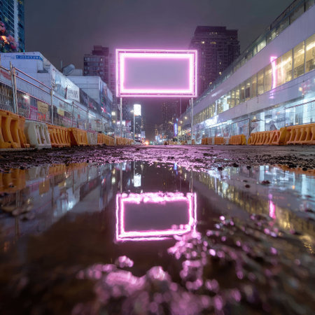 Photograph of a pink neon billboard in the middle, with a puddle reflection, in Times Square, New York City, at night. Highly detailed. --chaos 30 --stylize 750 --v 7 Job ID: 8123dd42-5776-4206-a744-93e4152292eaの素材