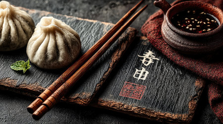 Photo of a pair of chopsticks holding two dumplings on top of an empty slate stone plate with copy space, on a black background, a banner for advertising or menu design with text space. Black color theme. The table is made from concrete, and the surface has texture. There are some green leaves in one corner to add decoration. --ar 16:9 --quality 2 --stylize 750 --v 7 Job ID: bbf32403-5a74-46b4-b683-07a641bd3906の素材