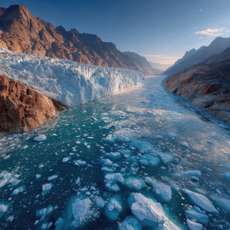 Photograph of the massive glacier in Greenland, drone view, small icebergs floating on turquoise water surrounded by mountains, shot with a Sony Alpha A7 III and an f/8 aperture, capturing intricate details and textures, emphasizing natural beauty, in the style of National Geographic magazine, hyper-realistic photography, cinematic lighting, editorial photo shoot. --chaos 30 --stylize 750 --v 7 Job ID: ca0f98e0-ac87-4160-bcd7-950723785fbfの素材