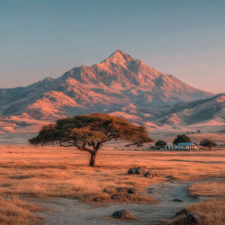 Photo of a lone acacia tree in the Serengeti with an orange mountain peak in the background, captured during the golden hour. The vast savannah is bathed in warm light, and the distant mountains create depth to the scene. --chaos 30 --stylize 750 --v 7 Job ID: 6b32ffdb-632e-4a28-8cd6-494628b4195fの素材