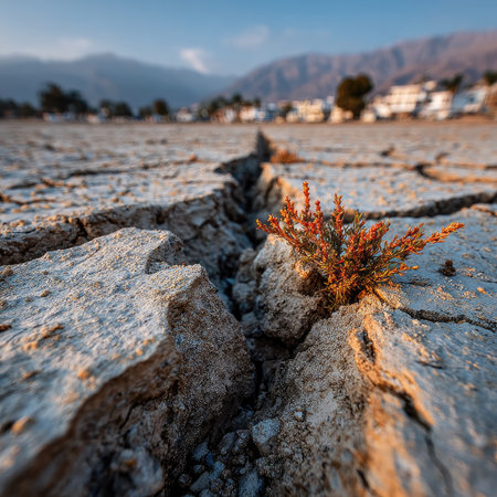 Photograph of a dry desert with cracked earth, representing climate change and its effects on water resources. Realistic lighting with a telephoto lens. --chaos 30 --stylize 750 --v 7 Job ID: d0943fac-7b08-4562-915f-dddf02d352dcの素材