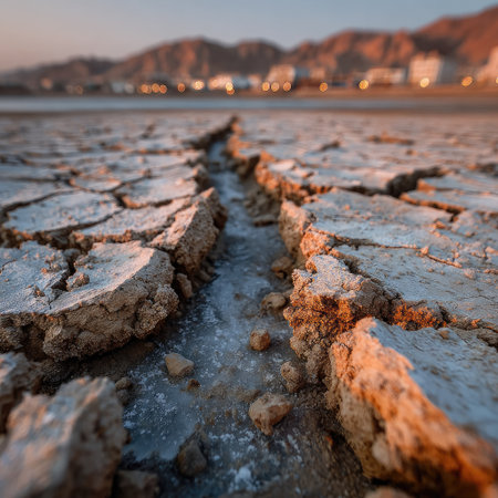 Photograph of a dry desert with cracked earth, representing climate change and its effects on water resources. Realistic lighting with a telephoto lens. --chaos 30 --stylize 750 --v 7 Job ID: d0943fac-7b08-4562-915f-dddf02d352dcの素材