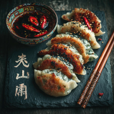 Photo of perfect gyoza on a black slate plate with chopsticks, top view, dark grey background, banner for website design studio, minimalistic style, empty space in the middle of the picture. --chaos 30 --stylize 750 --v 7 Job ID: f482a0a0-643d-47c3-9a4c-db535d79abf1の素材