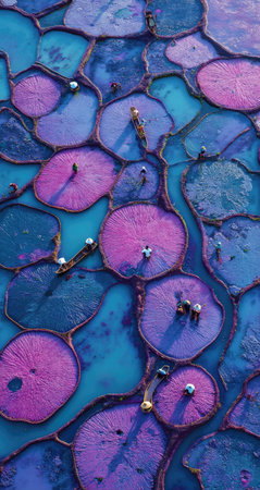 A bird's-eye view of the rice paddy landscape, with bioluminescent lily pads glowing in shades of pink and purple on top of each pool of water. The vibrant colors create an otherworldly effect as they dance across the gently swaying plants. People can be seen swimming or sitting around these colorful pools, adding to their sense of wonder at such a unique natural spectacle. --ar 8:15 --v 7 Job ID: d99092a7-abd6-4931-a09a-5b13c32dc2f8の素材