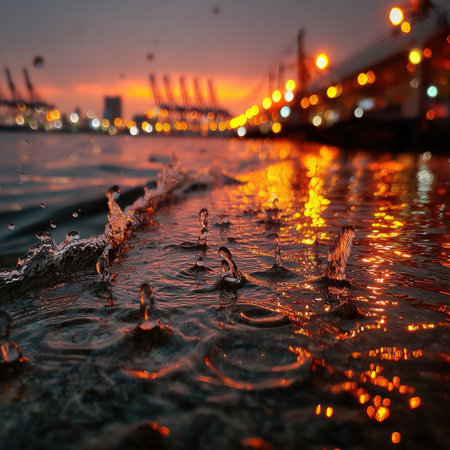 Raindrops falling on a water surface, with glowing yellow lights in the background. --chaos 30 --stylize 750 --v 7 Job ID: 0dc6fa5b-b9e5-4c36-8b4e-fb28c03bd8d6の素材