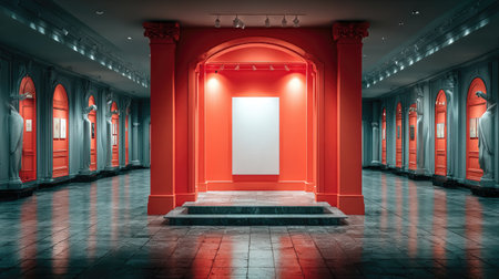 A blank white square canvas hanging on the wall of an art gallery, with a red background, in the style of hyperrealistic art. --chaos 30 --ar 16:9 --stylize 750 --v 7 Job ID: 8e24dd43-7607-406c-af37-584ea80d56f1の素材
