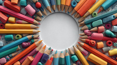 A blank white circle surrounded by school supplies, in a clip art style, isolated on a white background. --chaos 30 --ar 16:9 --stylize 750 --v 7 Job ID: 30d967a3-96b6-443f-8ca0-cf49093d1604の素材