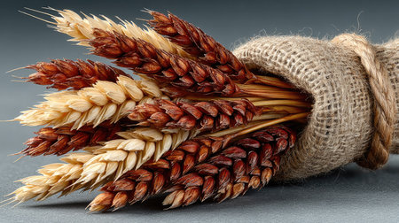 A bouquet of wheat sheaves tied together, against dark grey background, professional photography --chaos 30 --ar 16:9 --stylize 750 --v 7 Job ID: 00b135f6-5697-4d74-911d-8d01acb58a79の素材