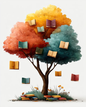 A cartoon tree with books as leaves, vector graphic design on white background. The branches of the book-shaped Tree have various colored open and closed books floating around it, symbolizing knowledge. Vector illustration for education or reading day themes. Isolated white background, clip art set. Cartoon style, simple line drawing. Vector Illustration on White Background --chaos 40 --ar 4:5 --stylize 750 --v 7 Job ID: 08932c56-33fd-4d15-a7eb-efbf7051e674の素材