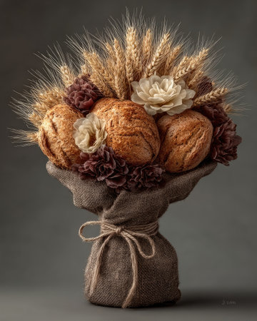 A bouquet of wheat sheaves tied together, on dark grey background, photo studio lighting, product photography --chaos 40 --ar 4:5 --stylize 750 --v 7 Job ID: aa636556-745e-4247-a934-25cd5829bad9の素材