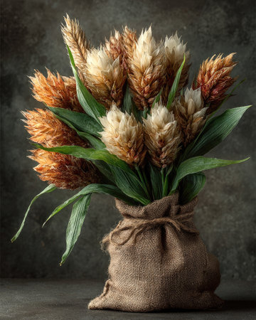 A bouquet of wheat sheaves tied together, on dark grey background, photo studio lighting, product photography --chaos 40 --ar 4:5 --stylize 750 --v 7 Job ID: aa636556-745e-4247-a934-25cd5829bad9の素材