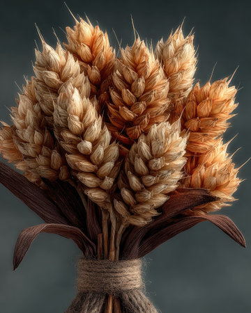 A bouquet of wheat sheaves tied together, on dark grey background, photo studio lighting, product photography --chaos 40 --ar 4:5 --stylize 750 --v 7 Job ID: aa636556-745e-4247-a934-25cd5829bad9の素材