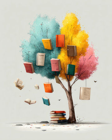 A cartoon tree with books as leaves, vector graphic design on white background. The branches of the book-shaped Tree have various colored open and closed books floating around it, symbolizing knowledge. Vector illustration for education or reading day themes. Isolated white background, clip art set. Cartoon style, simple line drawing. Vector Illustration on White Background --chaos 40 --ar 4:5 --stylize 750 --v 7 Job ID: 08932c56-33fd-4d15-a7eb-efbf7051e674の素材